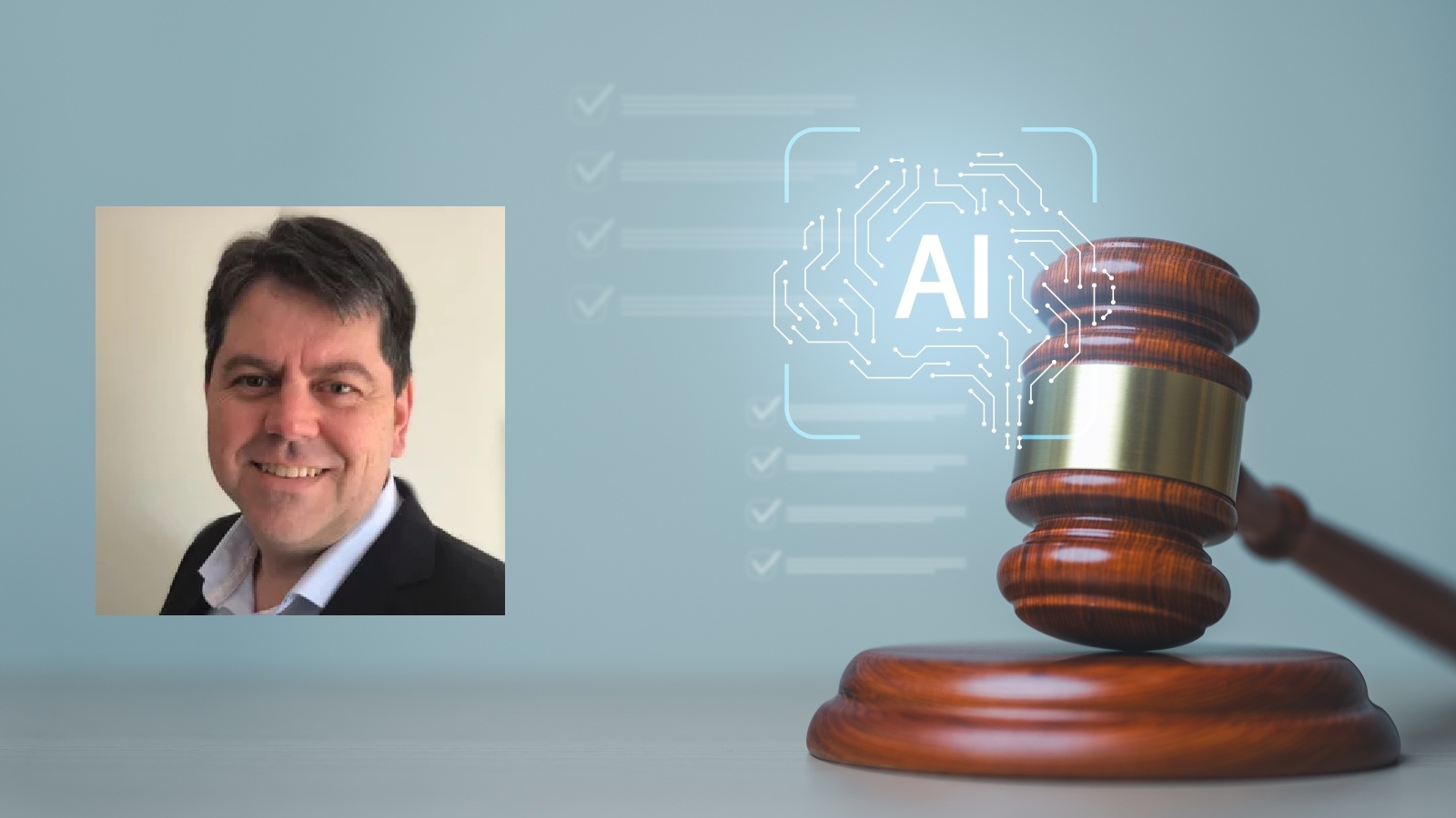 An image of Greg Baker smiling next to an image of a gavel surrounded by graphics depicting an AI 'brain'.