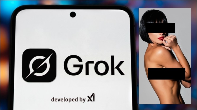 Grok logo on a phone screen next to a censored nude woman.