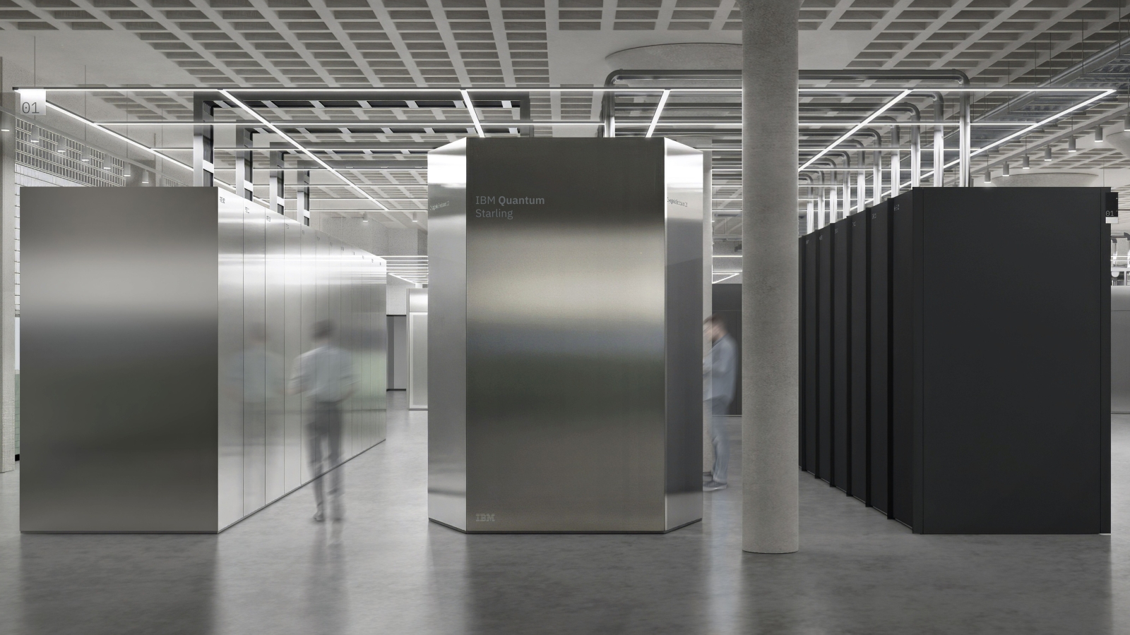 A rendering of a large, metal quantum computing system in a large warehouse-style room.