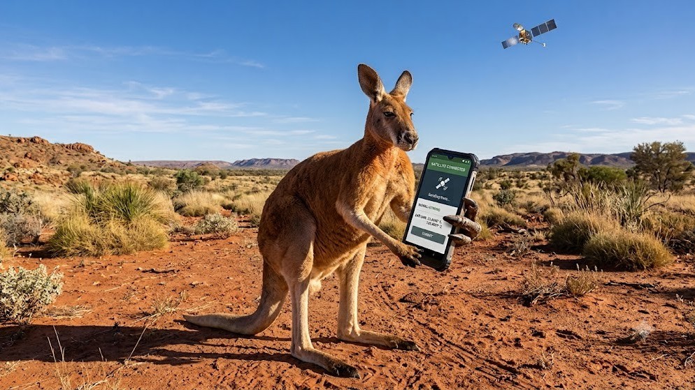 Kangaroo holding a phone, satellite in the sky.