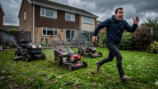 Lawnmowers chasing a man.