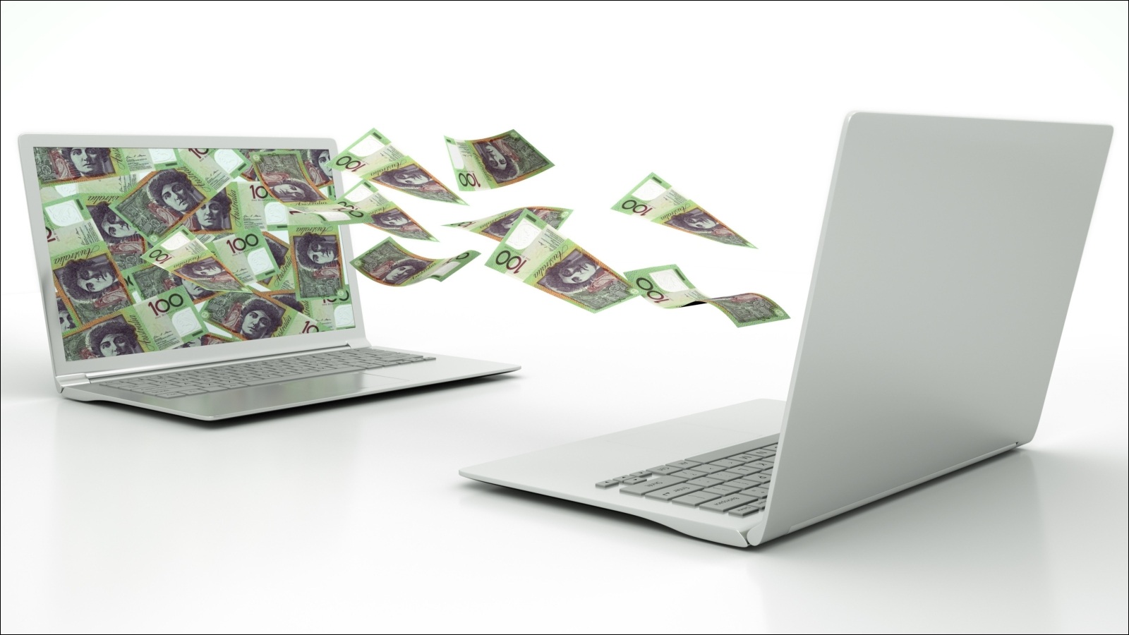 A render of two laptops sitting open in front of each other, with Australian $100 bank notes floating from the screen of one into the screen of the other.