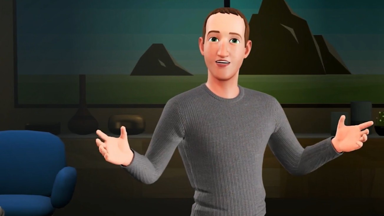 Mark Zuckerberg's digital avatar speaks and gestures with his hands inside the so-called metaverse.