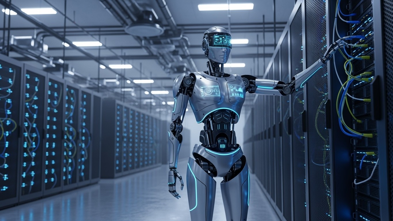 Robot plugging in cables at data centre.