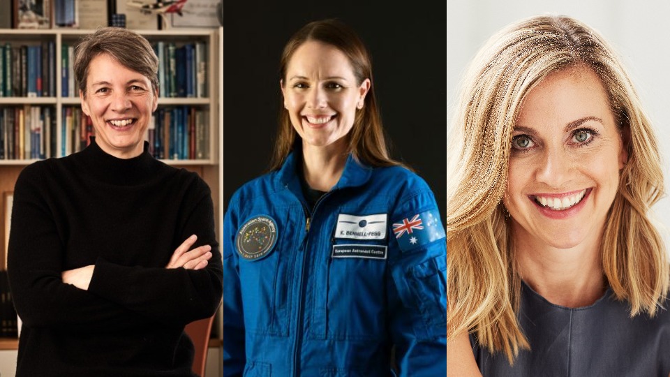 Three images of women: The first of Michelle Simmons with arms crossed and a wall of books behind her, the second of astronaut Katherine Bennell-Pegg smiling, and the third of Julie Inman Grant smiling.