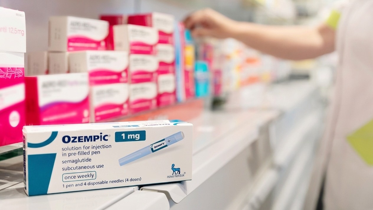 Box of Ozempic sitting on a pharmacy counter.