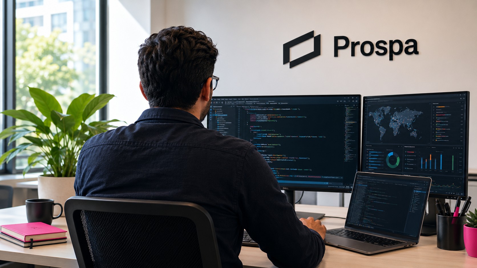 Worker photographed from the back, working on a computer, Prospa logo on the wall.