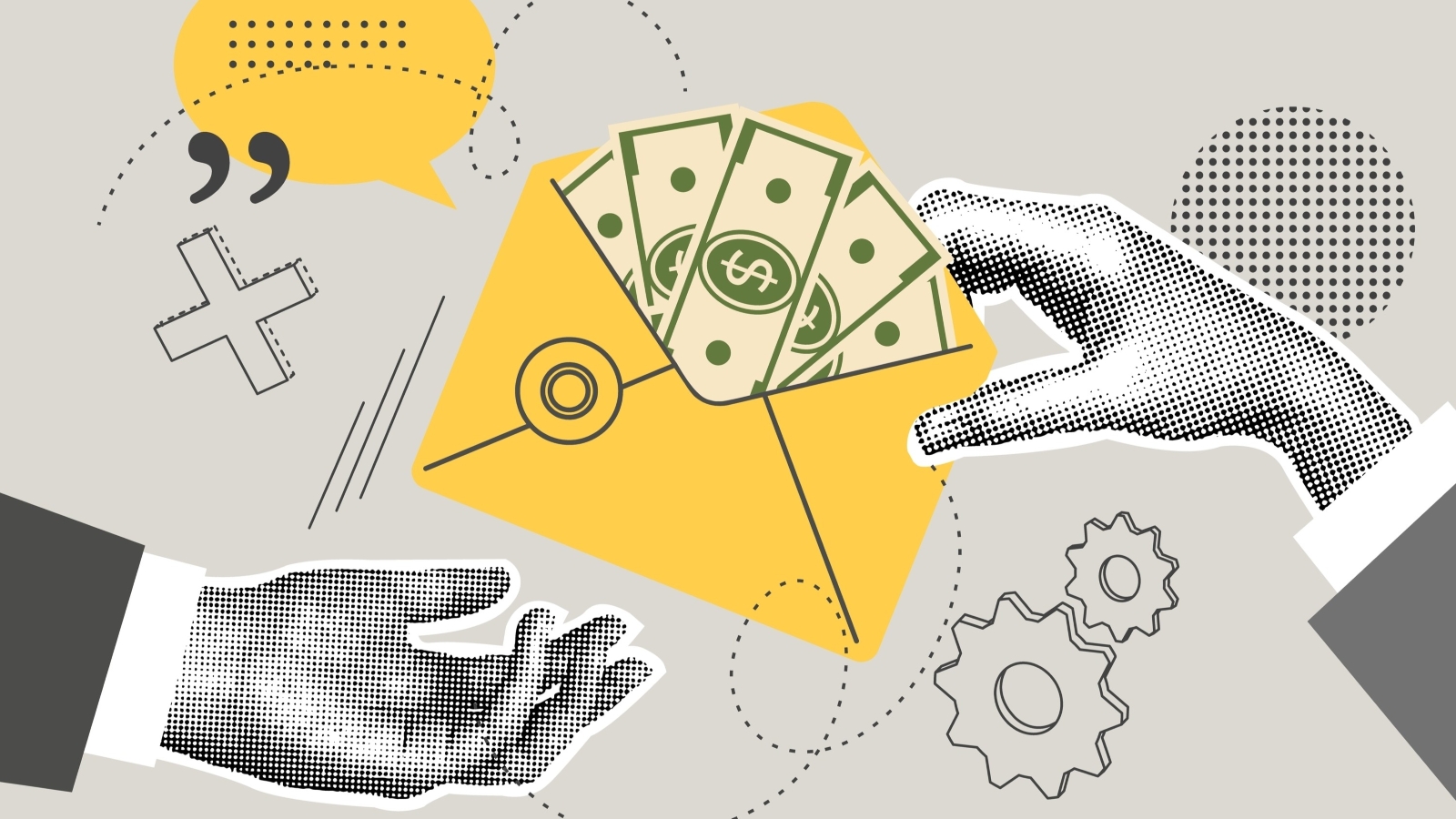 A collage illustration of a hand holding an envelope full of money near another extended hand grasping for it.