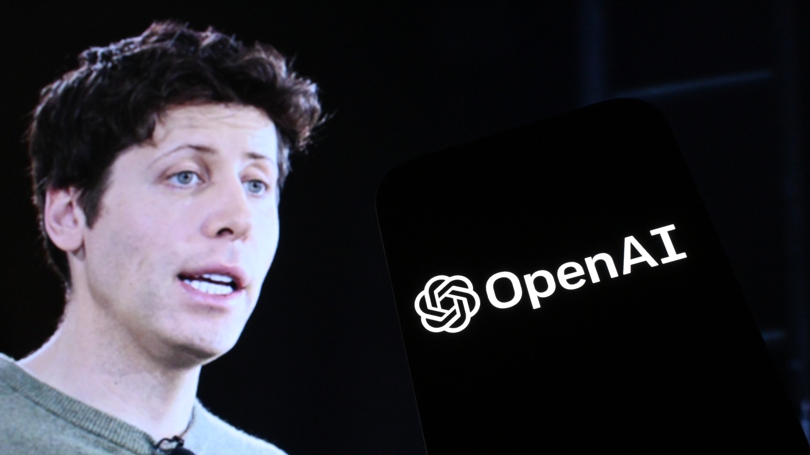 A close up of Sam Altman, next to the OpenAI logo.