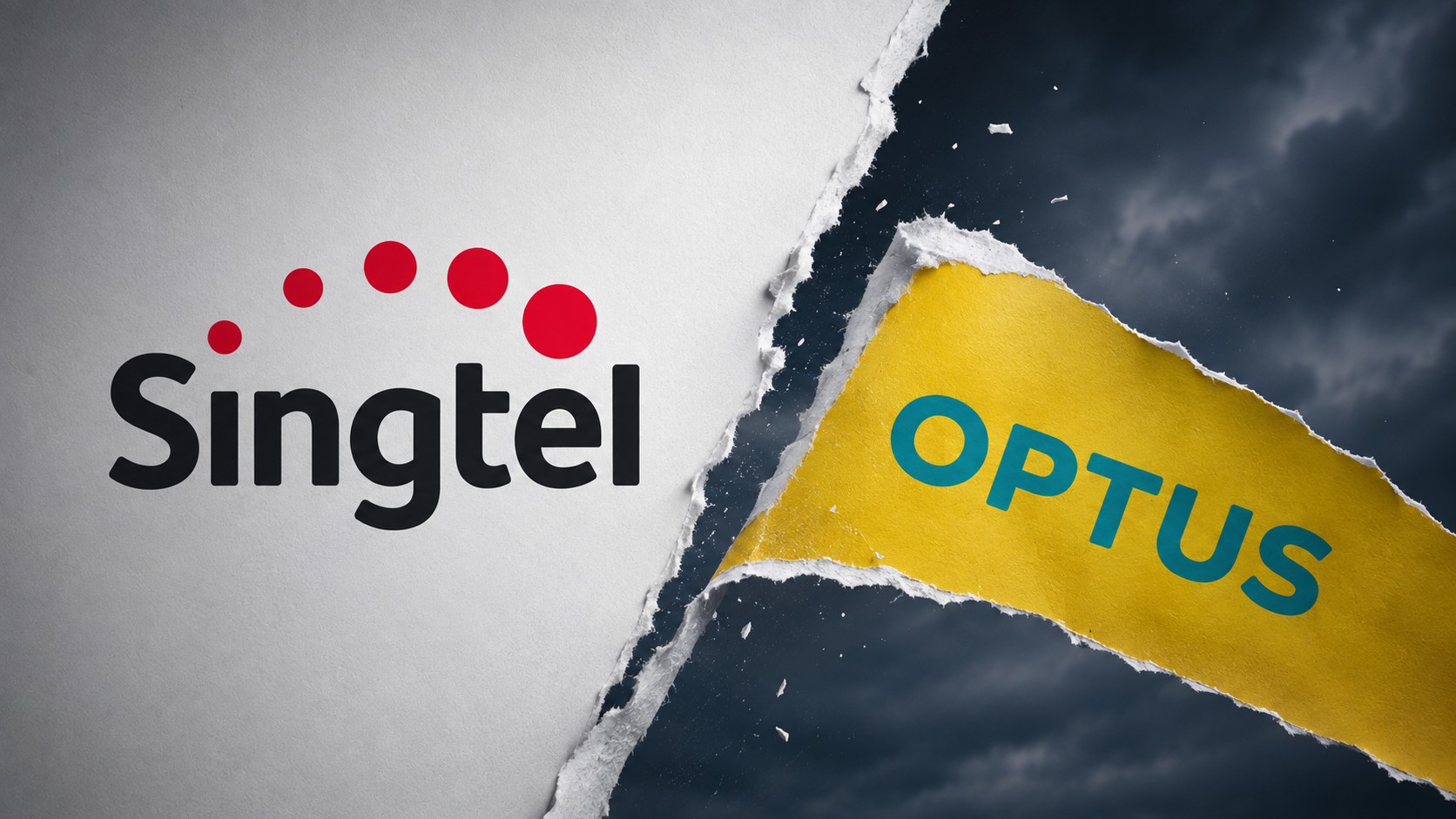 Optus piece of paper being torn off Singtel.
