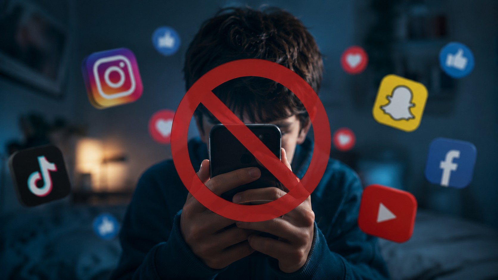 Child on mobile phone surrounded by social media app icons.