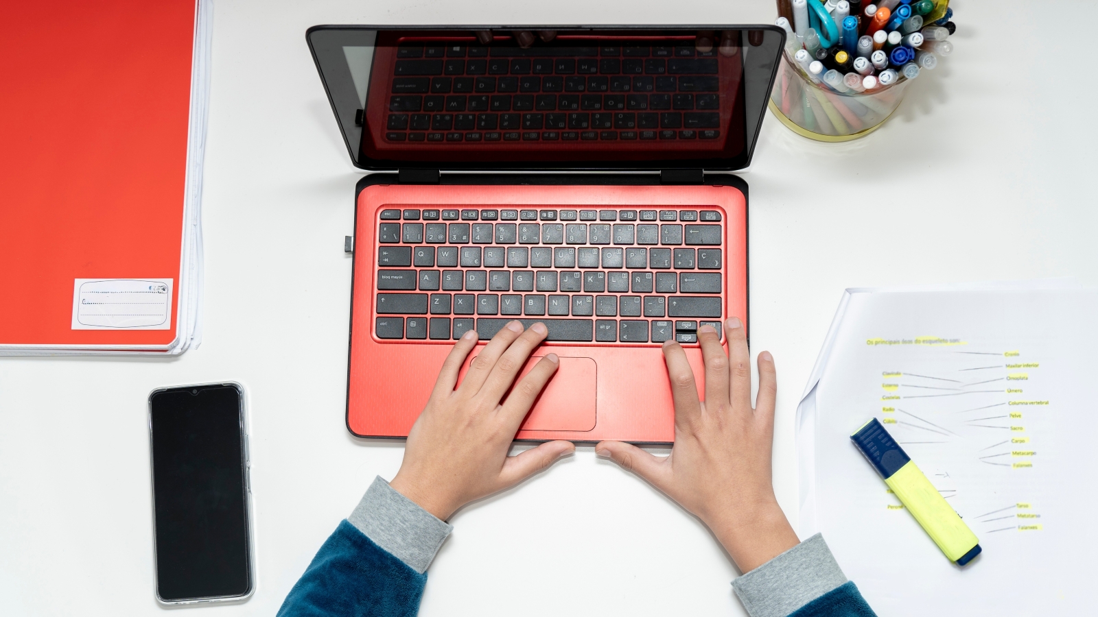 An overhead close up of a students' hands using a laptop on a desk.