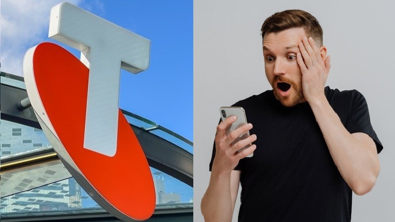 Telstra logo on left, man looking at mobile phone screen in shock on the right.