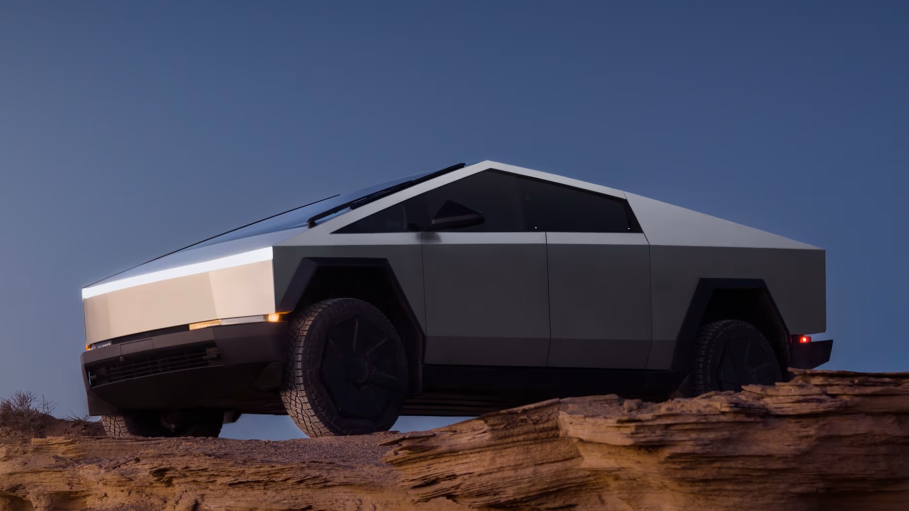 A medium outdoor shot of a Tesla Cybertruck ute.