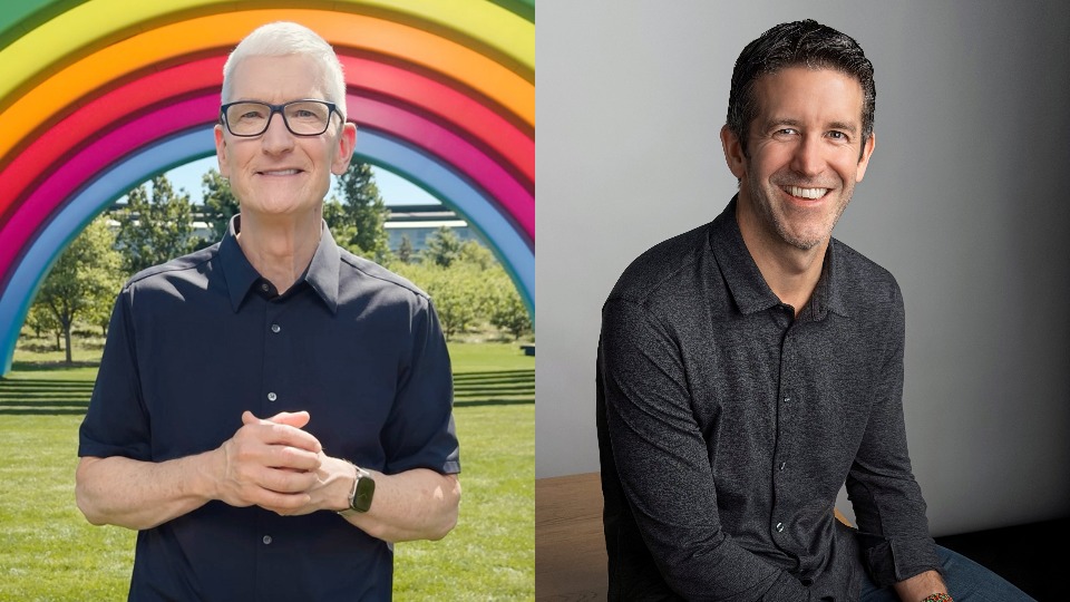 A close up of Tim Cook smiling in front of a blowup rainbow, next to a close up of John Ternus sitting and smiling in a room.