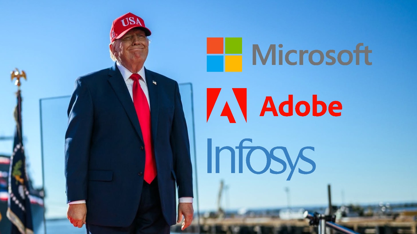 A medium shot of Donald Trump wearing a USA hat, next to the logos of Microsoft, Adobe, and Infosys