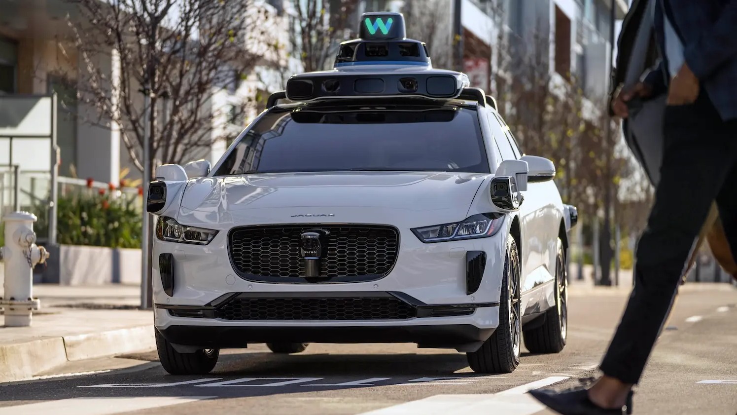 A medium shot of a Waymo Jaguar autonomous vehicle stopped at a pedestrian crossing while a person walks across a road.